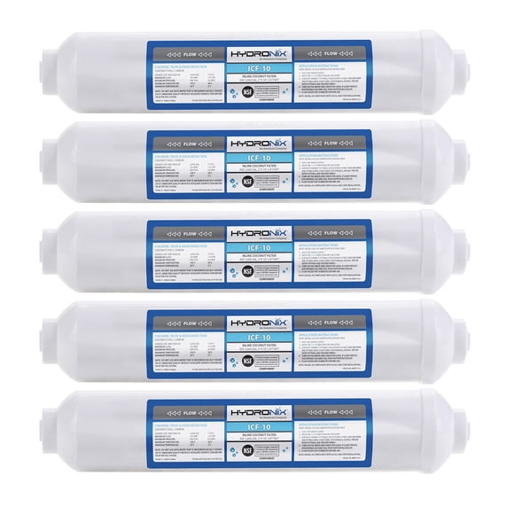 Hydronix 5 Pack ICF-10 Reverse Osmosis Post Polishing, Fridge & Ice Inline Coconut GAC Water Filter, 2000 Gal 1/4" NPT