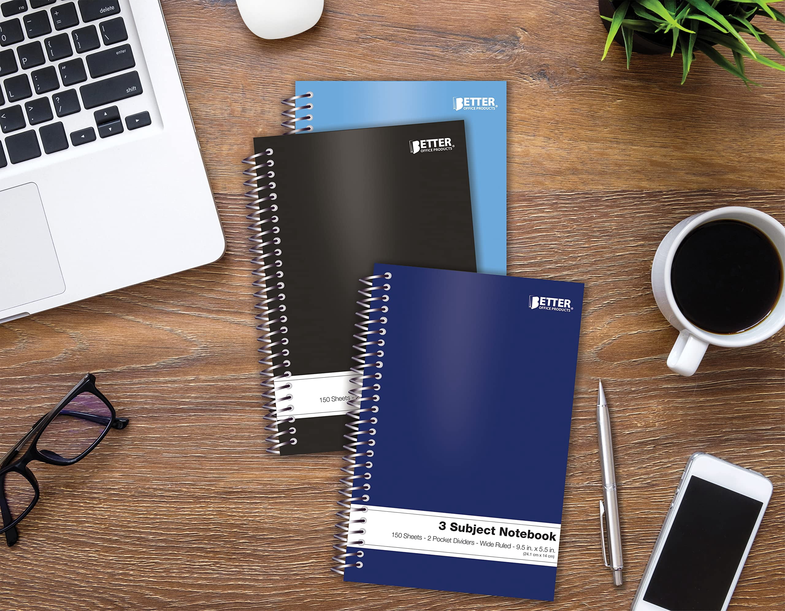 Better Office Products - 3 subject notebook - spiral-bound - 140 x 241 mm - 150 sheets / 300 pages - wide - assorted (pack of 6)