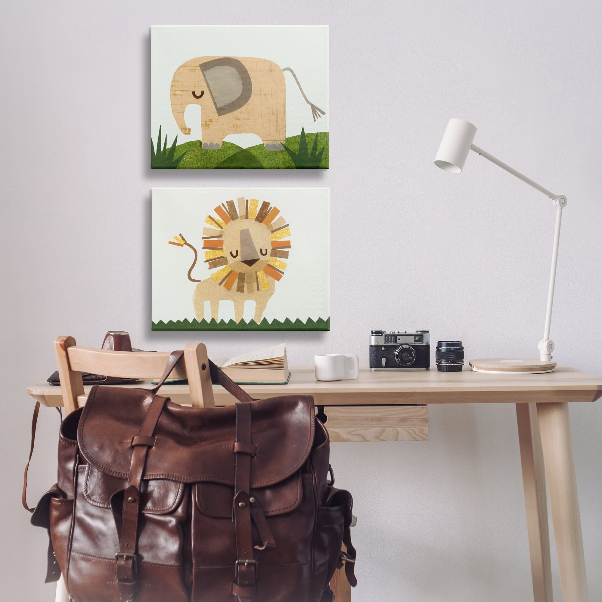 Stupell Industries Adorable Cozy Elephant & Lion Animals Painting Wrapped Canvas Art Print Wall Art, 20 x 16, Set of 2