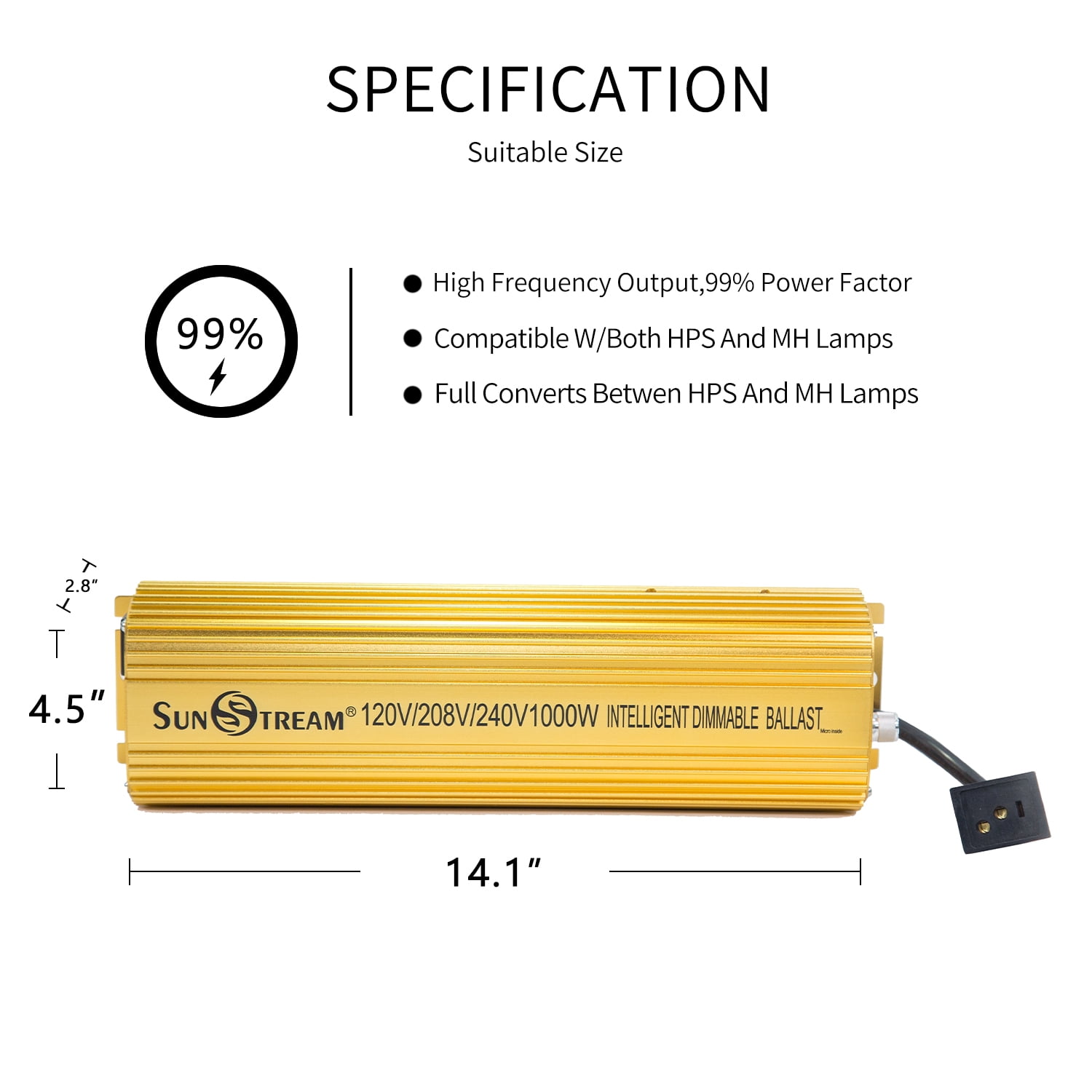 SunStream 1000 Watt Dimmable Digital Electronic Ballast for MH/HPS Grow Lights, 8 FT Power Cord (Lite Version) - Efficient and Reliable Indoor Plant Growth