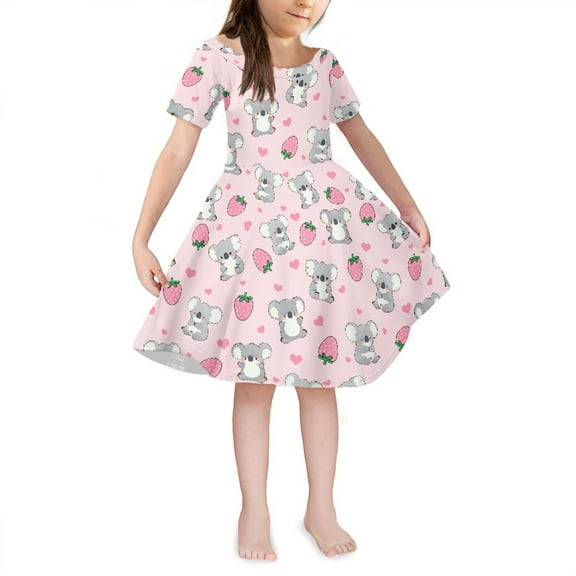 Yuyamidu Koala Crewneck Sundress British Strawberry Knee Length High Waistline Dress Kids Clothing Casual Outside Dress for Girls 3-4 Years Old Pink A-Line Swing Dress