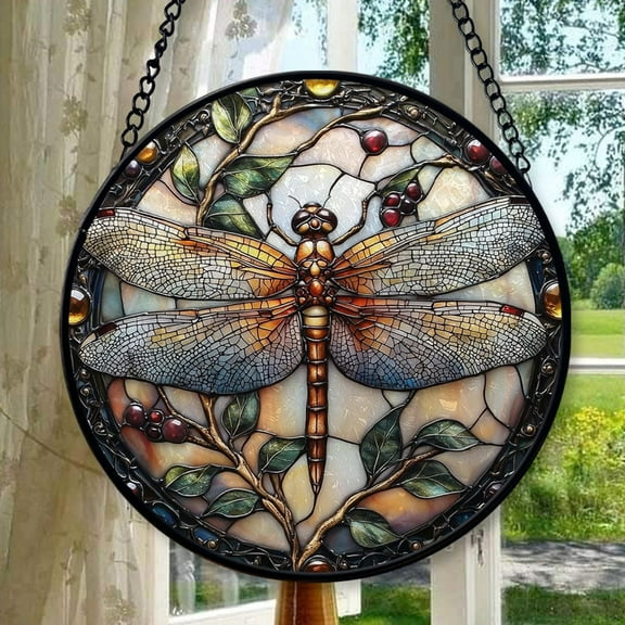 Stained Glass Window Hanging - Dragonfly Plant Suncatcher Ready to Hang Window Doors Home Decoration, Christmas, Mother's Day Birthday Gifts for Women, Men, and Mom 6.3IN, Stained