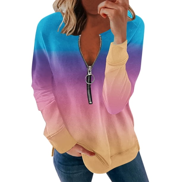 Tops de manga larga para mujer Cremallera Cuello en V Suéter con estampado floral Sudadera de gran tamaño Blusas tipo túnica de ajuste holgado para mujer Pompotops FGAJ12156