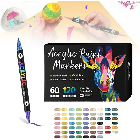 Dual Tip Acrylic Paint Pen Marker 60-Pack, Brush and Fine Tip Markers with 120 Colors for Wood, Glass, Rocks, Paper, Canvas, Professional Art Supplies for Adults and Beginners