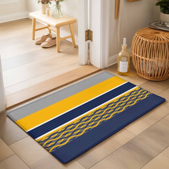 Entryway Rug 2'x3', Navy Yellow Grey Stripes Kitchen Runner Rugs Non-Slip Carpet Mats, Abstract Lines Geometric Modern Bedside Rugs Runners Washable Floor Carpet for Bathroom Laundry Room