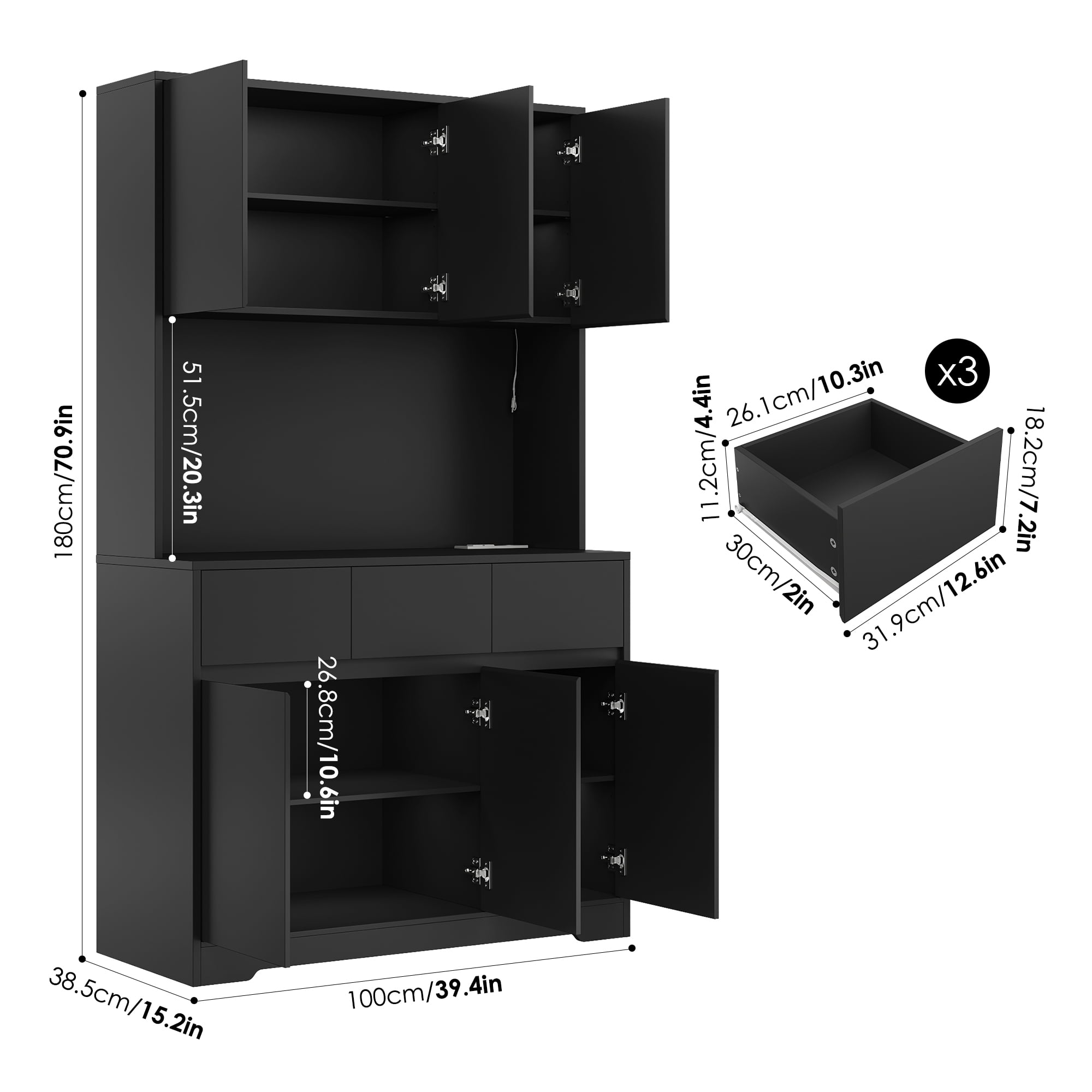 Homfa 70.9'' Tall Kitchen Pantry Cabinet with Charge Station & Led Light, 3 Drawer Storage Cabinet with Adjustable Shelves, Black