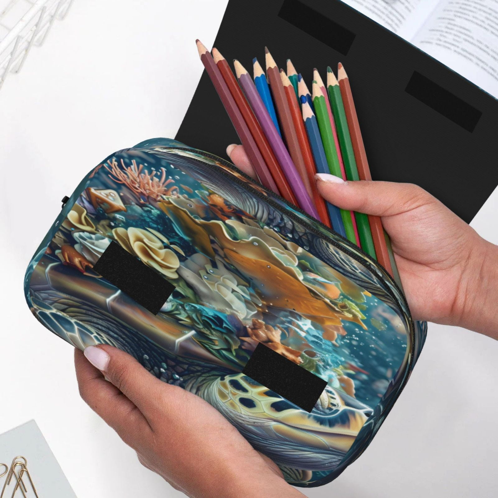 Rateoe Colorful Plant Turtle Pattern Double Clamshell Pen Case, Storage Organizer with Two Zipper Compartments– Holds Up to 50 Pencils & Pens