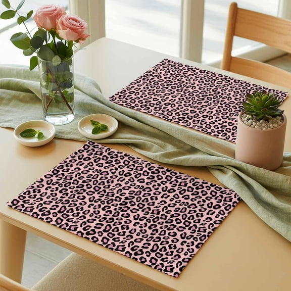 Placemats Set of 2, Pink Leopard Pattern Placemats for Dining Table, Farmhouse Animal Skin Theme Spill Proof Washable Place Mats Heatproof Table Mats for Kitchen,Dining Room