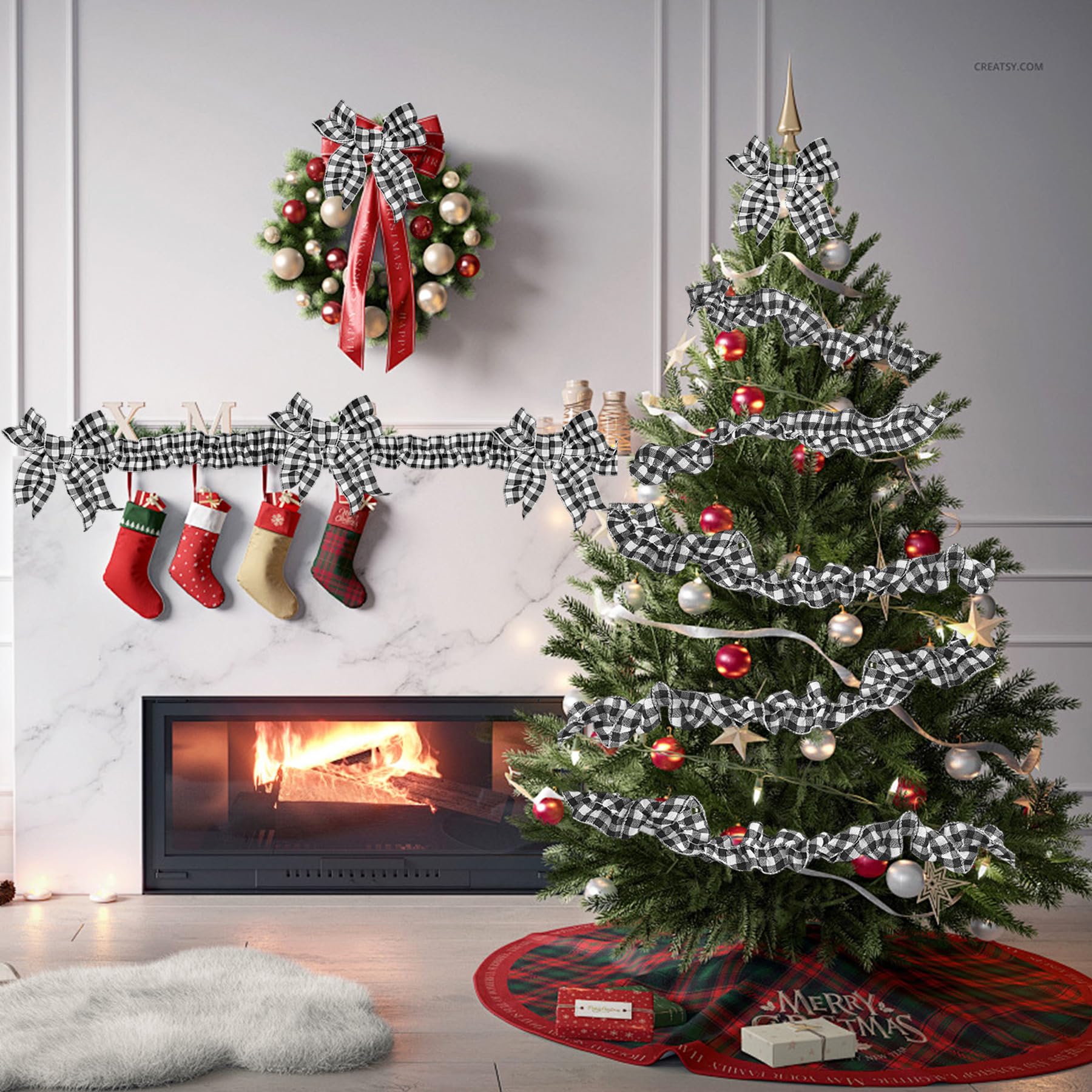 2 Rolls Christmas Tree Ribbon Garland Buffalo Plaid Christmas Decorations, Buffalo Check Fabric Tree Ribbon Garland for Xmas Holiday Home Decor(White & Black, 2.45in x 26.9ft)