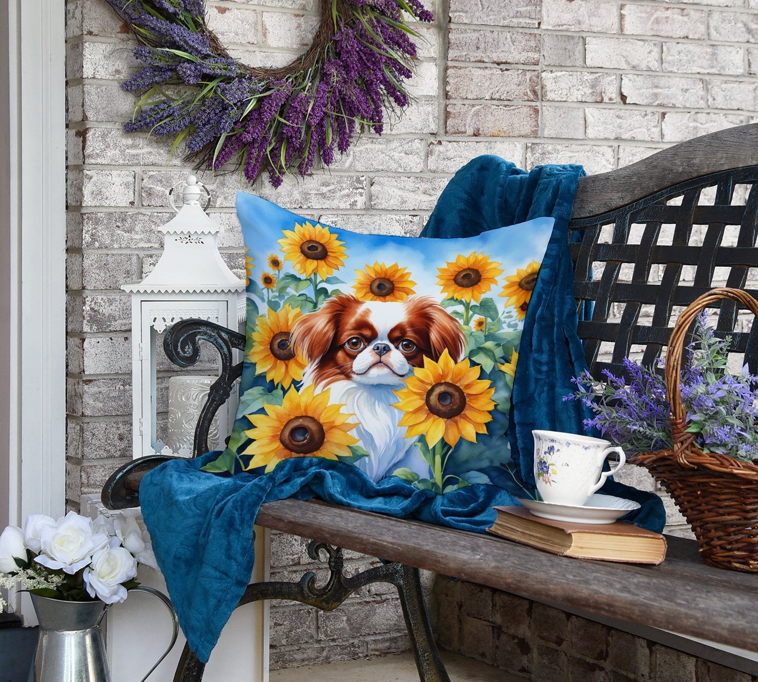 Japanese Chin in Sunflowers Throw Pillow 18 in x 18 in