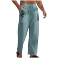 thumbnail image 2 of Pantalones largos para hombre, de lino y cintura elástica, transpirables, cómodos, suaves y casuales para playa, pantalones largos de poliéster para hombre., 2 of 7
