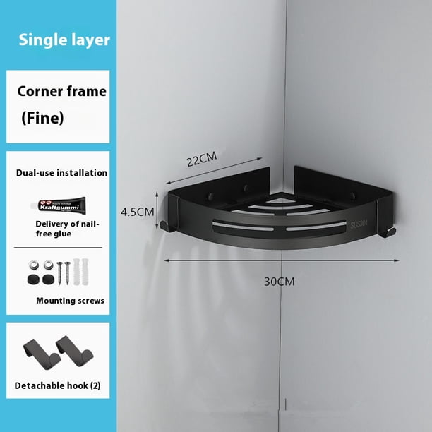 Estante de ducha de esquina Perforación Estante de baño de esquina Estante de ducha de esquina Estante de cocina Baño 22 * 30 * 4,5 cm 2 piezas negro