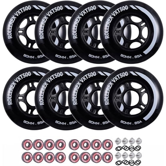 Rollerex VXT500 Inline Skate Wheels (Various Size & Color Options Available) (72mm Steel Black (8 wheels w/ bearings, spacers and washers))-Indoor Outdoor-Intended for Roller Blade Wheel Replacement