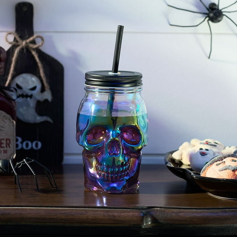 Clear Glass Skull Sipper Glasses With Lids & Straws Set Of 3