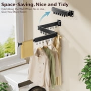 JAUREE Clothes Drying Rack Wall Mounted, Laundry Drying Stand Collapsible, Tri-Fold Retractable Rack Space Saving Outdoor Indoor with 18 Hooks, Black