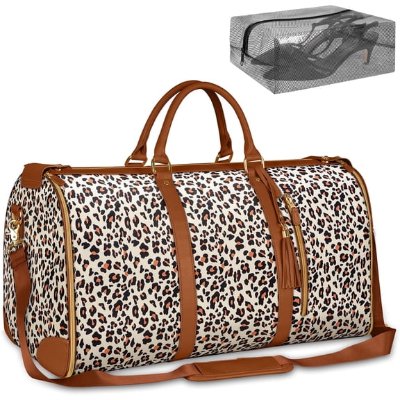 TBVBVYU Convertible Travel Garment Bag, Large Water Resistant Weekender Duffel with Shoe Pouch, 2-in-1 Hanging Suitcase Foldable Carry On, Leopard
