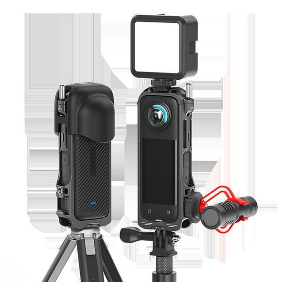 Action Camera Cage, 1/4 Inch Thread Hole Dual Cold Shoe Mounts Action Camera Housing Case Frame with Silicone Lens Cover for Microphone