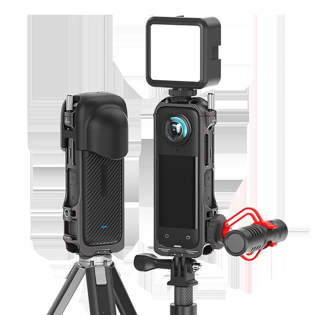 Action Camera Cage, 1/4 Inch Thread Hole Dual Cold Shoe Mounts Action Camera Housing Case Frame with Silicone Lens Cover for Microphone