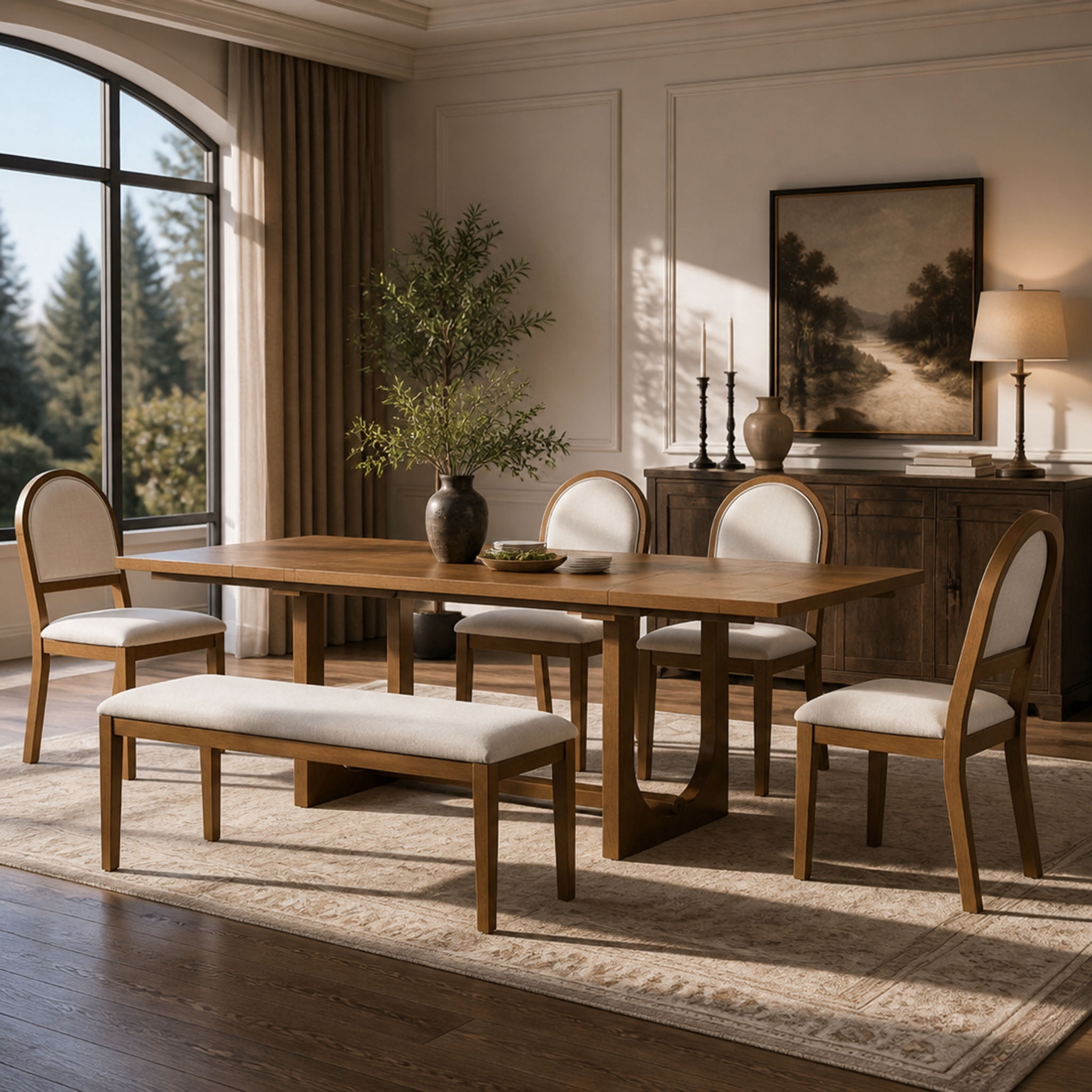 6-Piece Dining Table Set for 6, 48.1"-84.3" Extendable Dining Table with 4 Upholstered Chairs and Bench