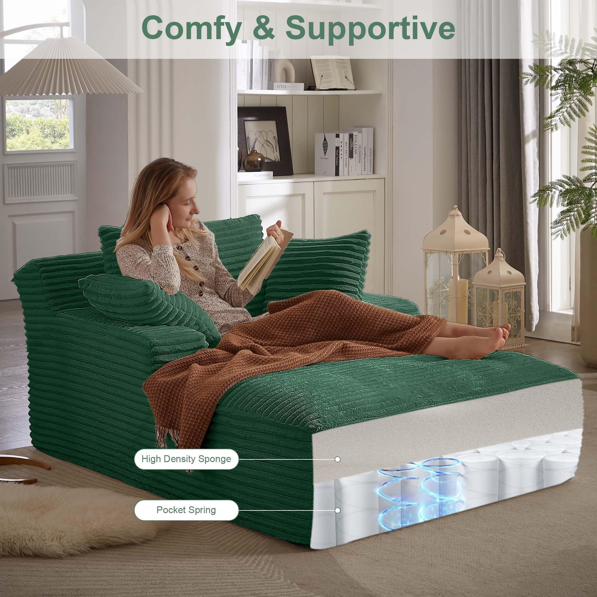 Aukfa 66" Oversized Chaise Lounge Indoor Boneless Couch Plush Sofa Bed for Living Room, 3Pillows, Green