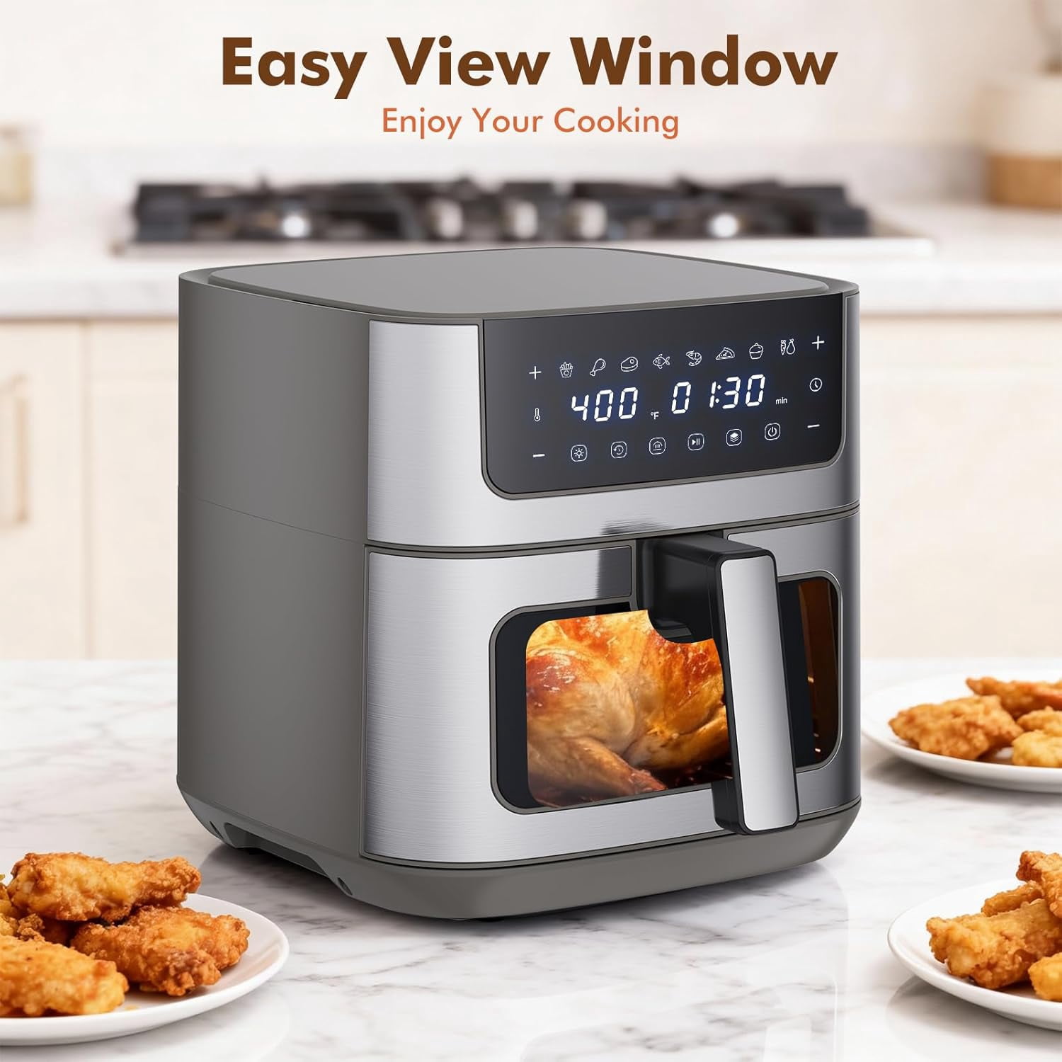 Atilioo 6.34Qt Air fryer with View Window & 8 Presets, Digital Touchscreen Stainless Steel Rapid Frying Cooker, Non-Stick & Dishwasher Safe, Gray