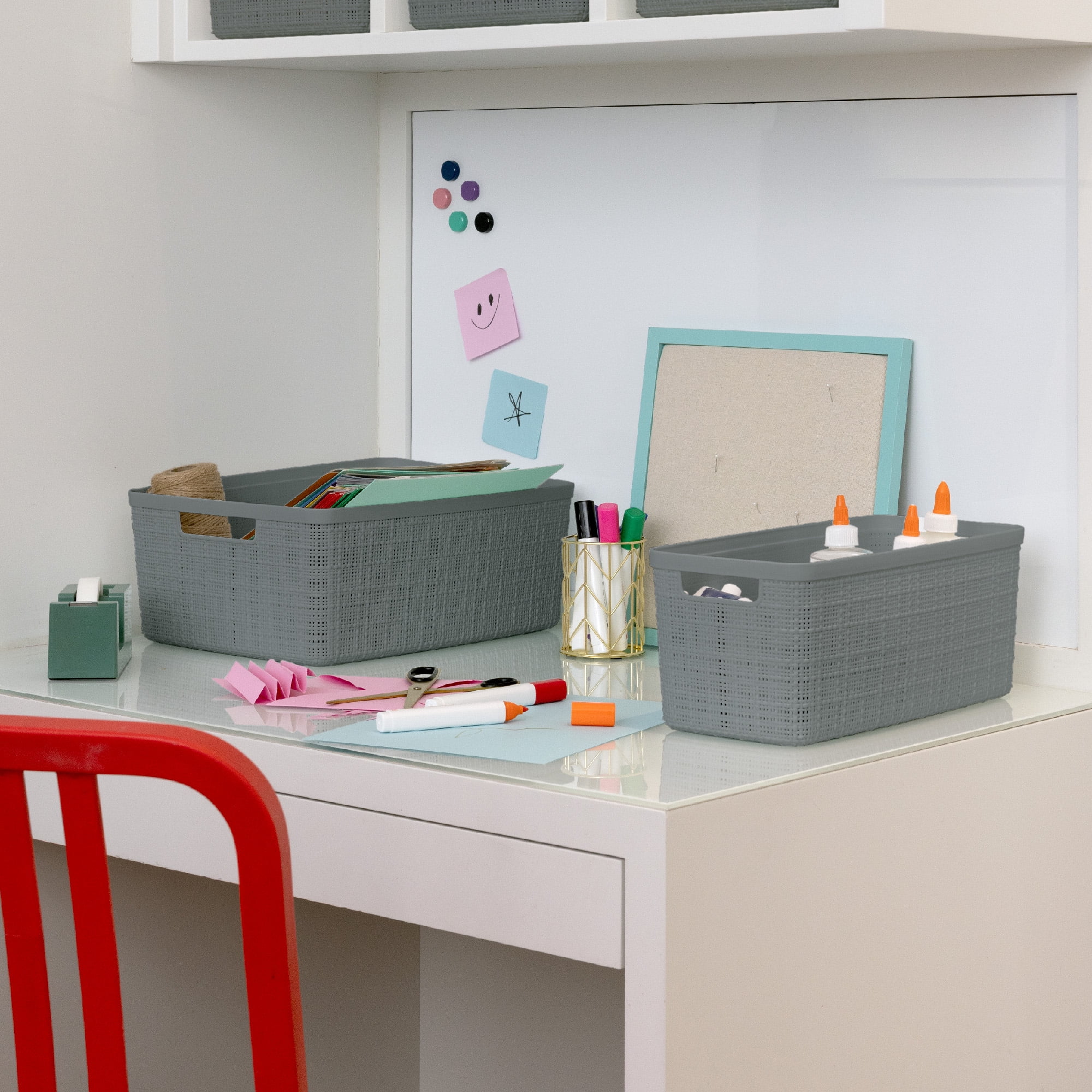 Curver Set of 6 Jute Basket Slim Durable Resin Organization and Storage Basket Bin, Grey