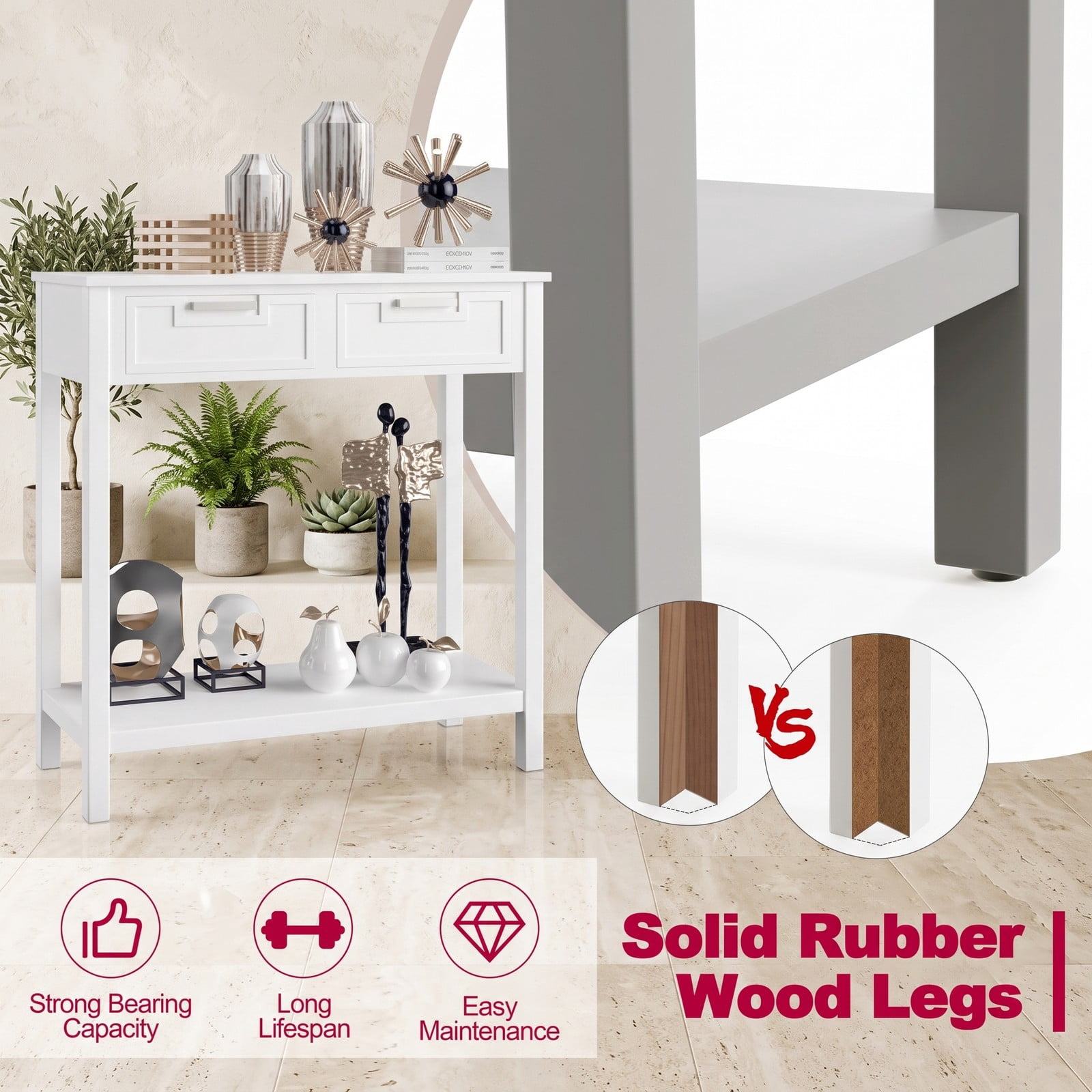 Furnibear Narrow Console Table with 2 Drawers and Open Storage Shelf and Solid Wood Legs for Small Entryway and Foyer, White