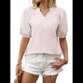 thumbnail image 3 of Blusa de Rayas con Mangas Abullonadas para Mujer, Cuello en V, Corte Holgado, Informal, para Verano, para el Trabajo, Camisa A Rayas Rosa XL, 3 of 8