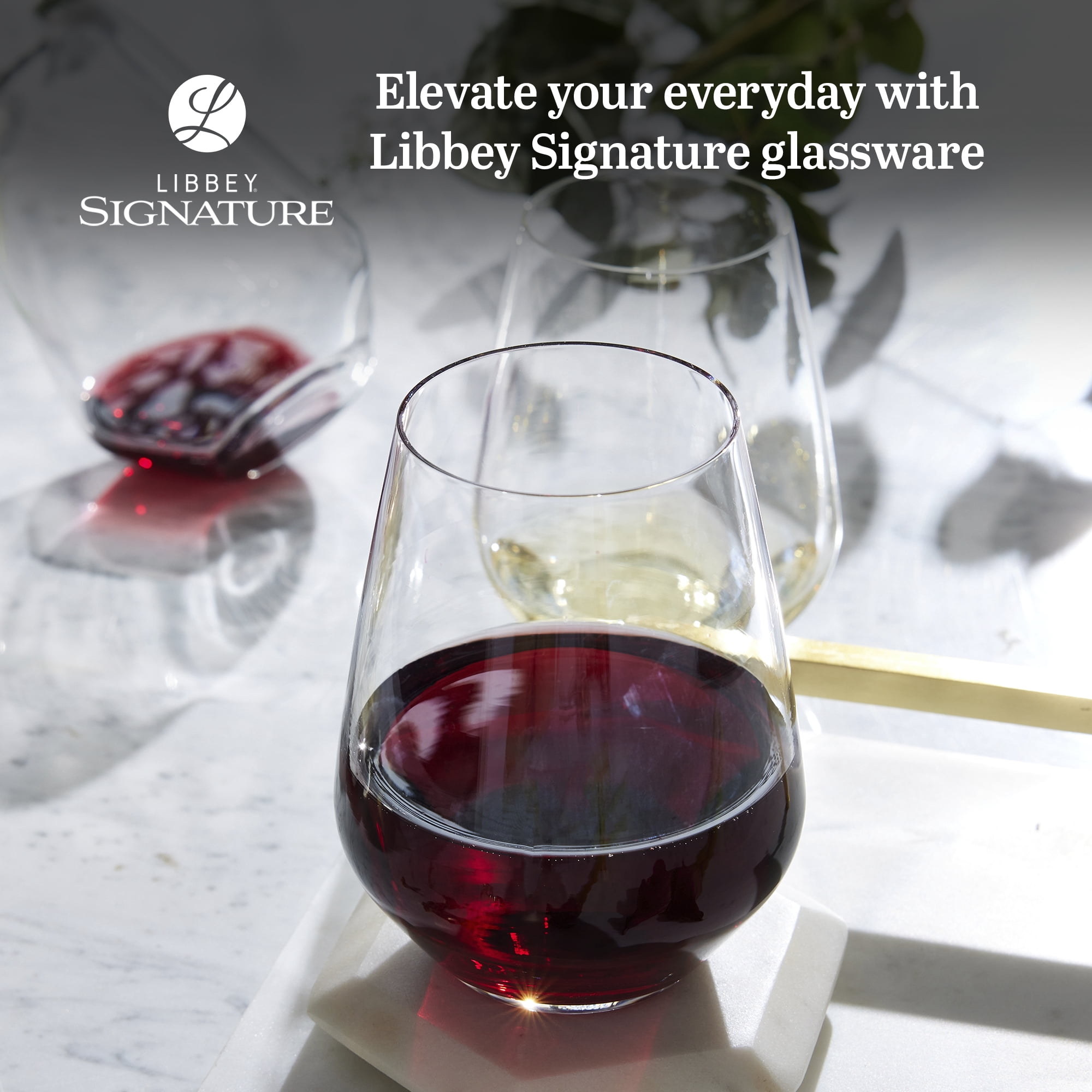 Libbey Signature Greenwich Stemless Wine Glasses Set of 6, Modern Wine Glasses for Red and White Wine, Ideal Stemless Wine Glass Set for All Occasions