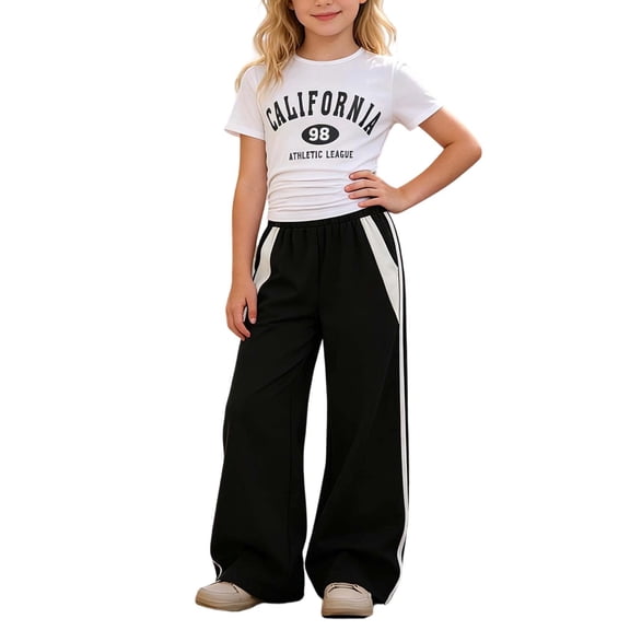 Toddler Outfits for Girls Letter Print Short Sleeve Crew Neck T-Shirt And Wide Leg Trousers 2 Piece Casual Wear Baby Girls' Clothing Sets 9 Years-10 Years