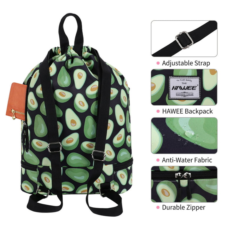 HAWEE Dry Wet Drawstring Backpack with Shoe Compartment for Women  Waterproof Yoga String Bag Outdoor Sports Rucksack for Gym/ Beach/ Swim  Pool, Black
