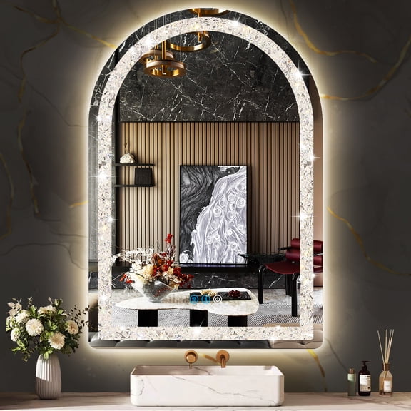 Crystal LED Arch Mirror with Lights 32 x 24 Inch Arch Lighted Mirror for Bathroom Wall Tabletop Desk Diamond Arched Vanity Mirror with Lights 3 Color AntiFog Arched Makeup Mirror with Lights