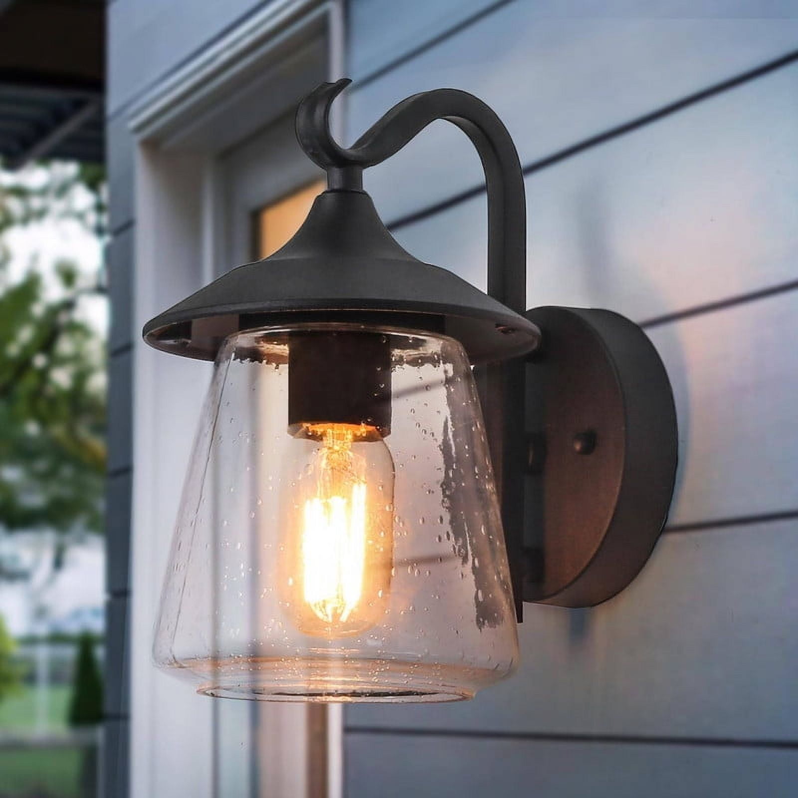 LNC Outdoor Wall Sconce with Curved Arm and Seeded Glass Shade, Matte Black, 10" Fixture