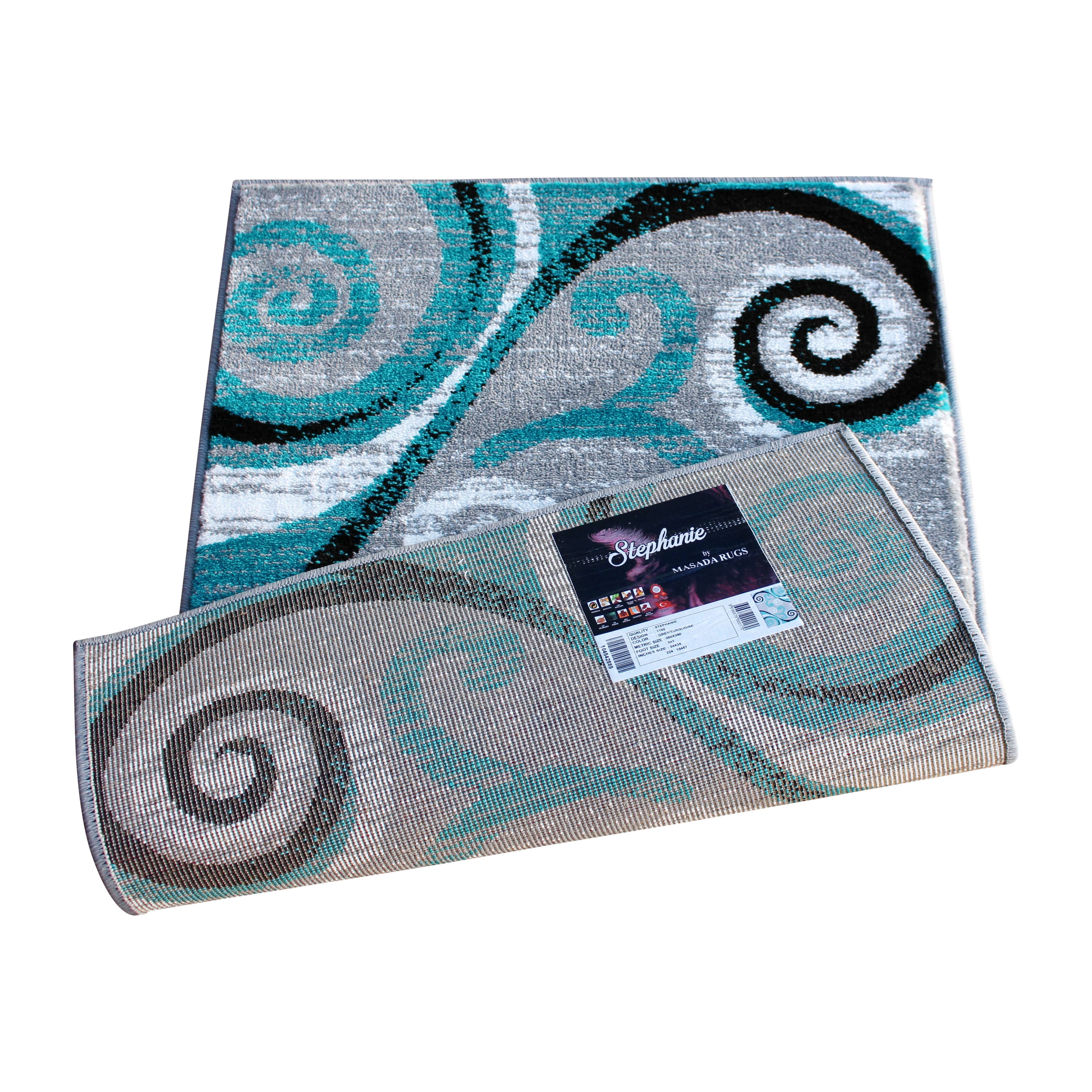 Emma + Oliver 2x3 Scraped Look Ultra Soft Plush Pile Olefin Accent Rug in Turquoise, Gray, Black and White Swirl Pattern, Jute Backing
