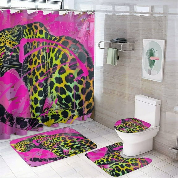 Shower Curtain Set 4 Piece include Shower Curtain and Rugs and Non Slip U Shaped Toilet Rugs Luxury Bathroom Decor Neon Pink Leopard