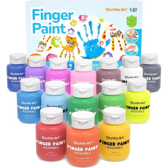 Shuttle Art Washable Finger Paint Set, 15 Colors (2 fl oz) Paint, Non-Toxic Finger Painting for Arts and Crafts