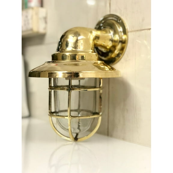 Marine Antique Solid Brass Bulkhead Sconce – Nautical Ship Cargo Light with Deflector Shade, Vintage Maritime Wall Fixture
