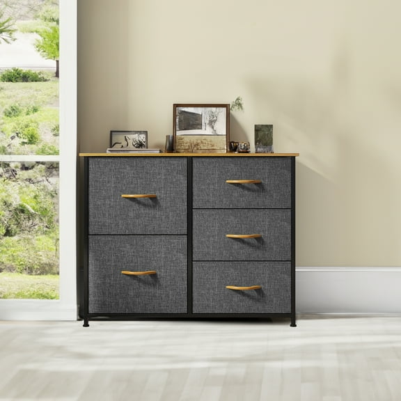 UFORIC 5 Drawer Dresser with Fabric Storage Tower, for Organizer, Sturdy Steel Frame, Wooden Top & Easy Pull Fabric Bins