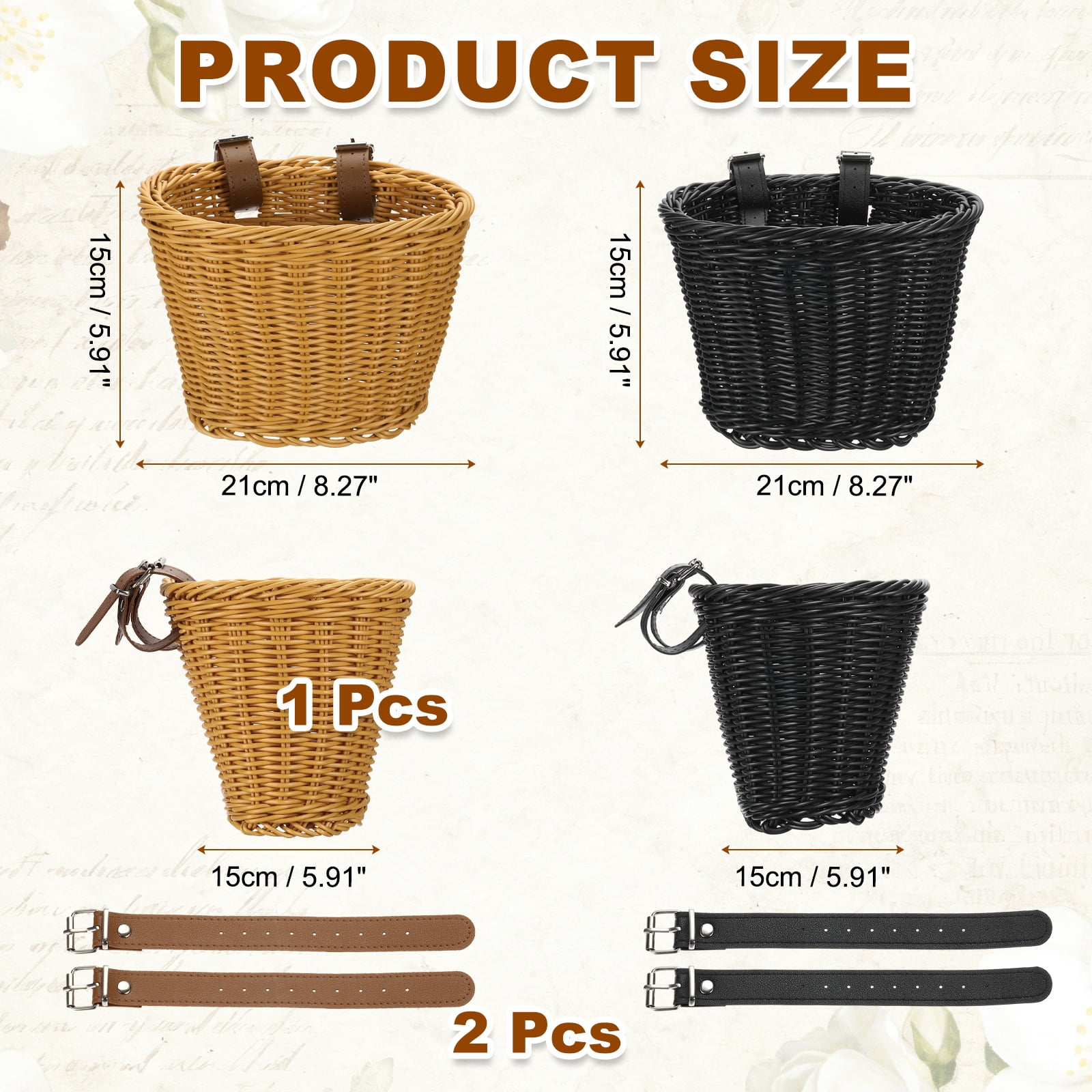 Uxcell Bike Basket Front, Hand-Woven Bicycle Basket with Adjustable PU Belts 2 Pack & Brown, Black-Fitting For(Most Road Bikes, Bicycles/Scooters)