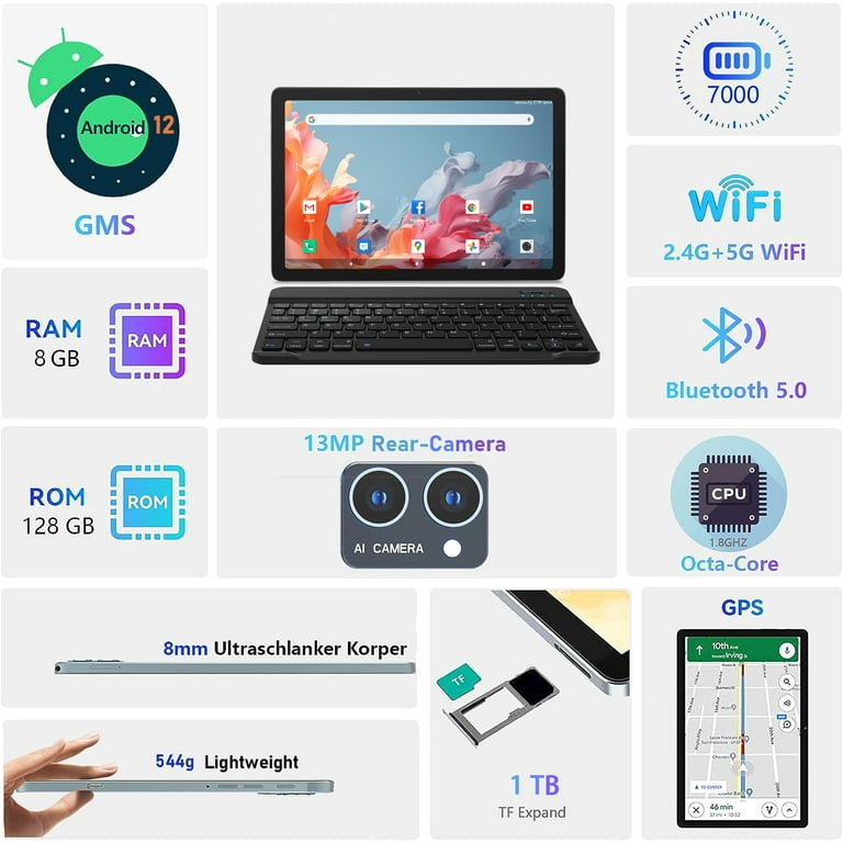 Android 12 Tablet 10.1 inch 128GB Tablet, 2024 Latest Update Octa-Core with Keyboard, Dual 13MP+8MP Camera, 5G WiFi, Bluetooth, GPS, IPS Full HD Android 12 Tablet 10.1 inch 128GB Tablet, 2024 Latest Update Octa-Core with Keyboard, Dual 13MP+8MP Camera, 5G WiFi, Bluetooth, GPS, IPS Full HD