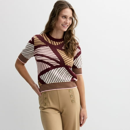 Women's Ellen Tracy Short Sleeve Crew Neck Sweater Color: Wine Tasting Geo Size: SMALL
