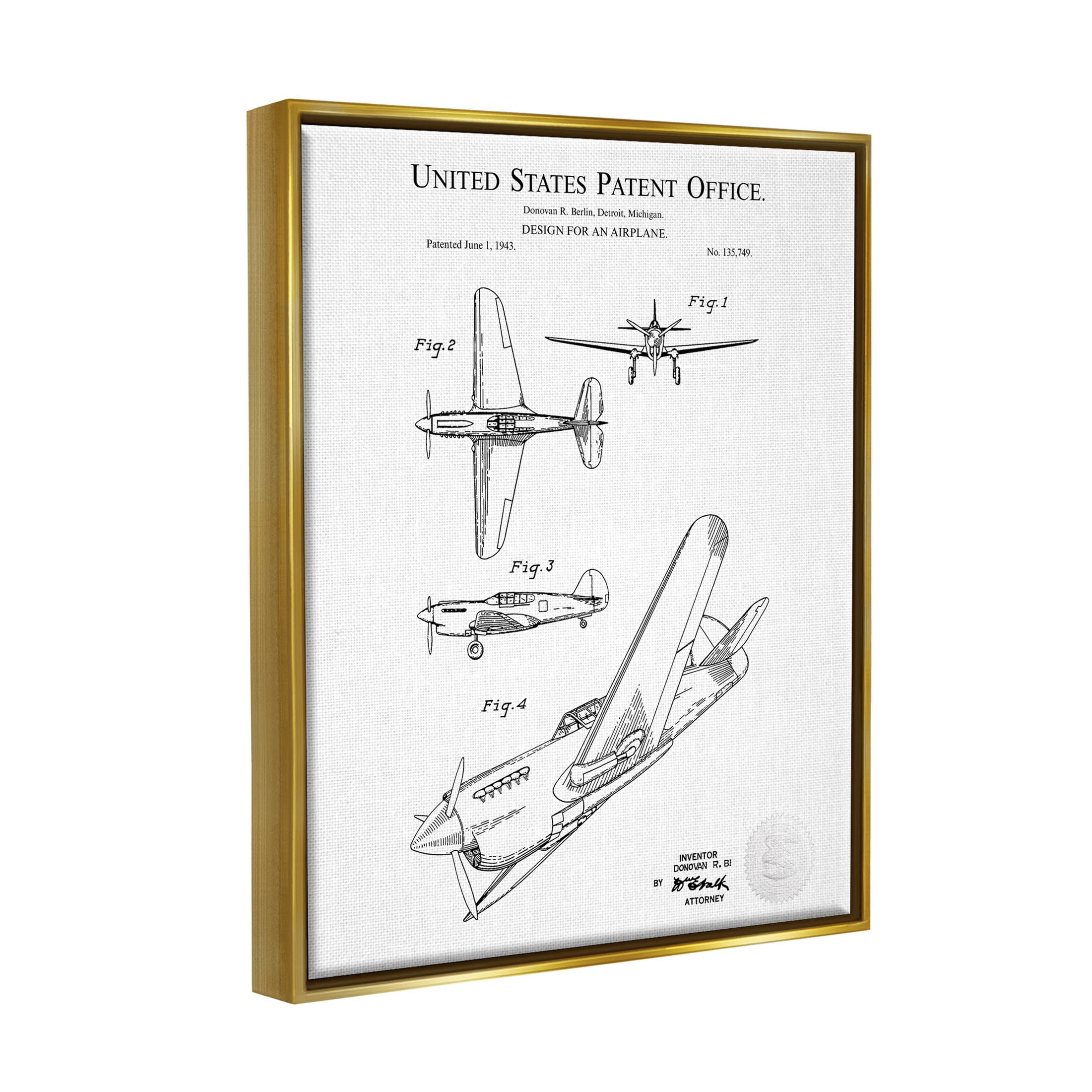 Stupell Industries Detailed Airplane Diagram Graphic Art Metallic Gold Floating Framed Canvas Print Wall Art, Design by Karl Hronek