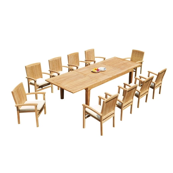 Grade-A Teak Dining Set: 10 Seater 11 Pc: 122" Caranas Rectangle Table And 10 Wave Stacking Arm Chairs Outdoor Patio WholesaleTeak #51WV2911