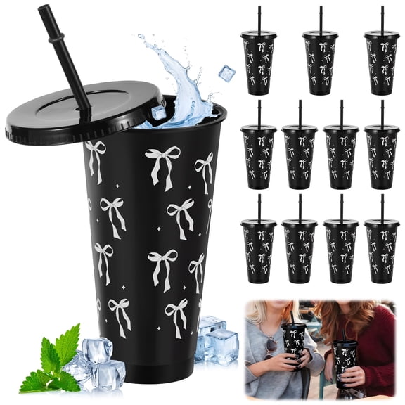 Pink Bow Tumbler Cup 24oz Plastic Cups with Lids and Straws 12 Pack Reusable Coquette Aesthetic Party Favors Black