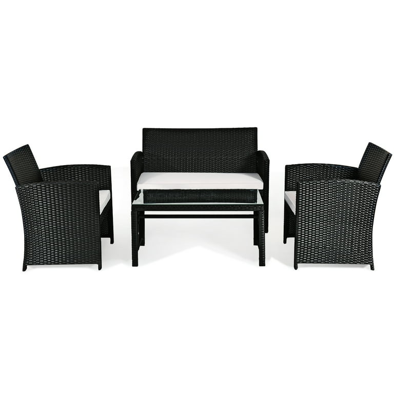 Patiojoy 4 Piece Outdoor Patio Rattan Furniture Set Black Wicker
