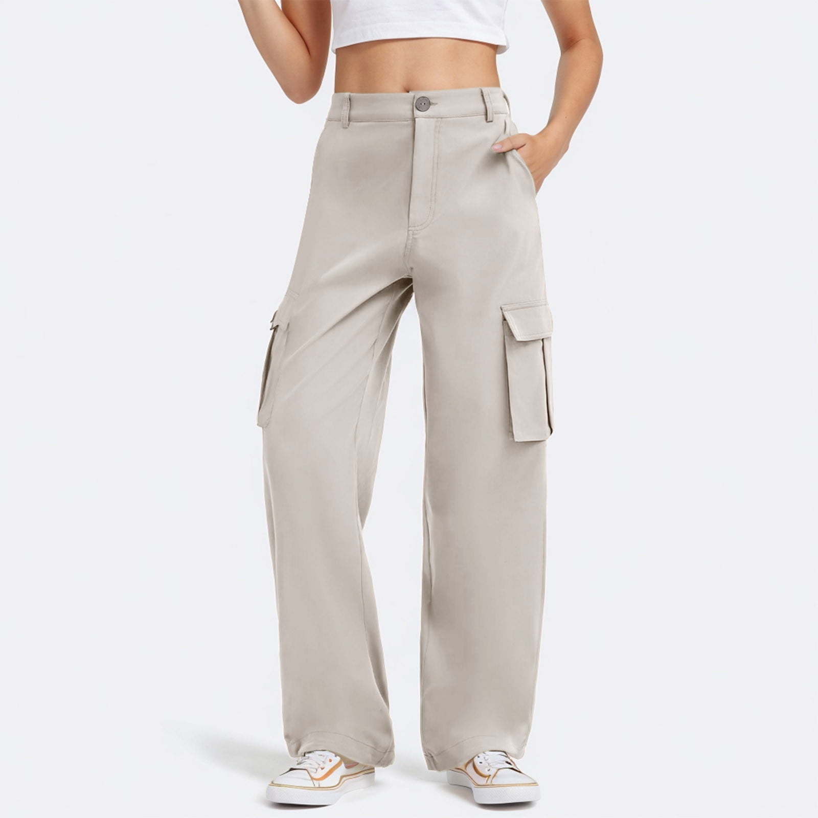 Cargo Womens Pants Backpacking Hiking Straight Leg Camping Solid Full Length High Waisted Yellow Pants with Pockets - image 4