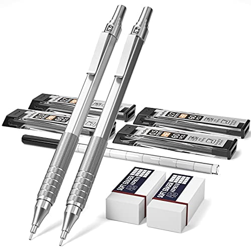 4 Pieces Automatic Metal Mechanical Pencils Mechanical Pencils Set Silvery, 0.7 mm School Office Supplies 8 Pieces HB Pencil Leads Replaceable Refills and 2 Pieces Erasers for Home 
