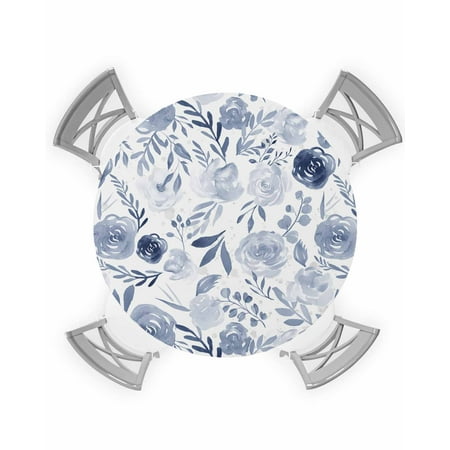 

Round Tablecloth with Elastic Navy Blue Flowers Watercolor Floral Plants Waterproof Stain-proof Table Cover Wipeable Fitted Table Cloths for 45 -54 Round Tables Dining Kitchen