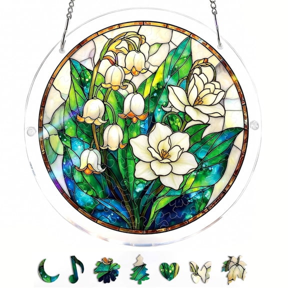 Diceymbol Acrylic Puzzles Suncatcher Window Hanging 7.4 Inch Tiffany Style Stained Glass Sun Catcher Dream Catchers for Adults Mother's Day Gift Home Decor (Jasmine Bloom)