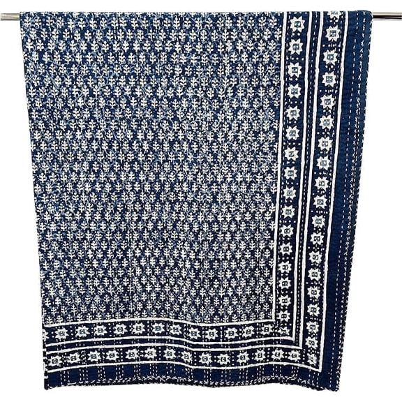 Indian Block Print Kantha Quilt King Size 100% Cotton Hand Made Kantha Quilt Rare Indigo Kantha Quilt, Blue